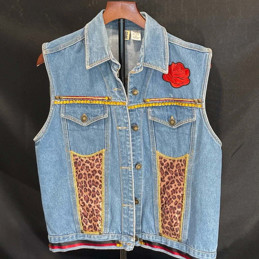 Denim Vest Upcycled Hand Embellished Leopard Print Size Medium - Picture 1 of 6